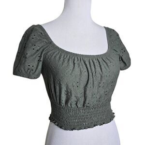 Hollister Eyelet Crop Top Olive Green Smocked Short Sleeve Boho Size XS